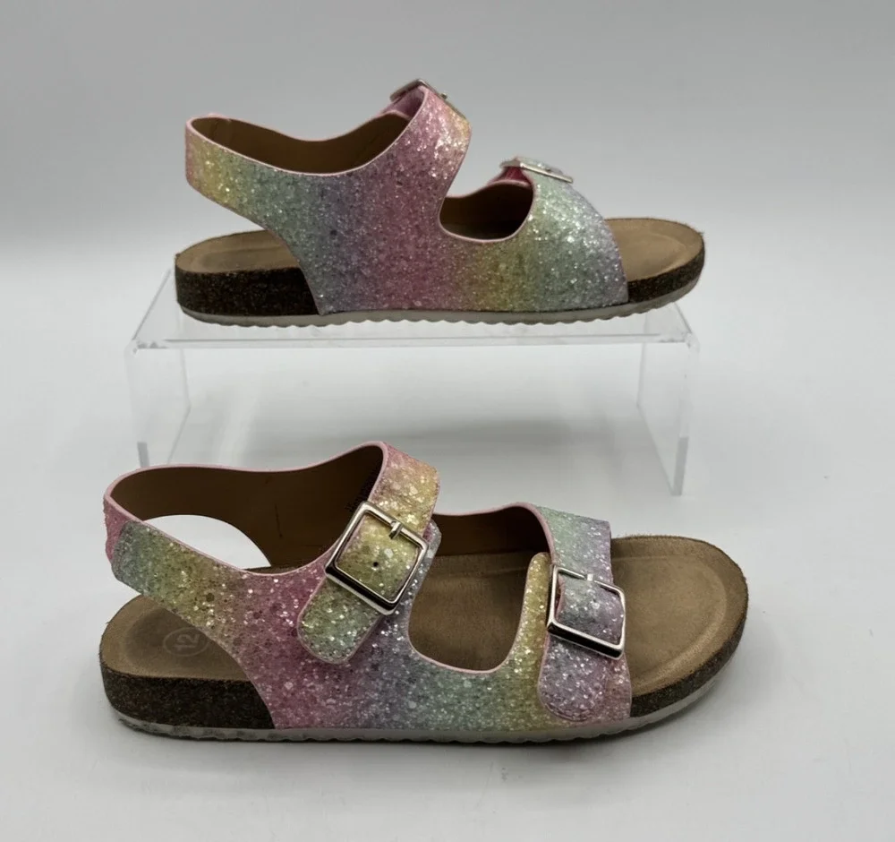 Cat & Jack Multi Color Glitter Girls Buckle Sandals, Adjustable Sz.12 Pre-owned
